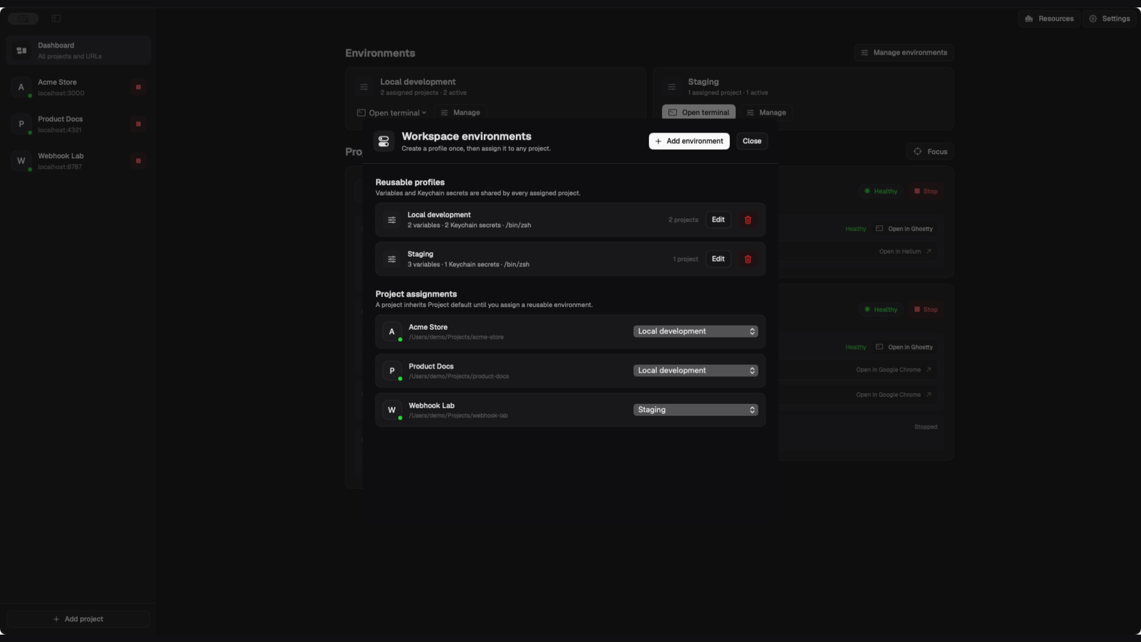 Myse workspace environment manager showing sample local and staging profiles with variables, Keychain secret references, and project assignments
